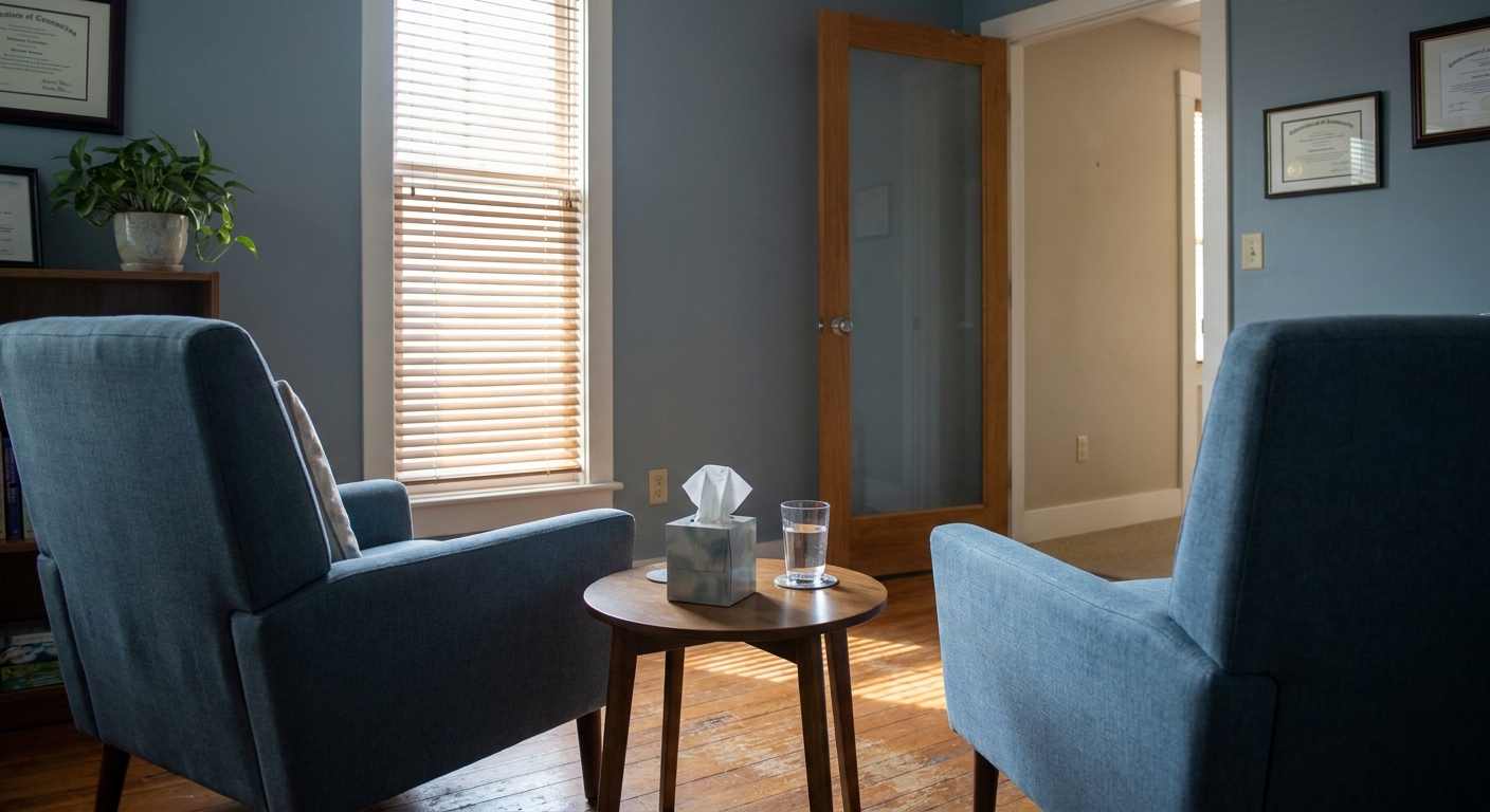 Empty counseling room with two chairs by window in mental health clinic, natural light, calm and welcoming atmosphere