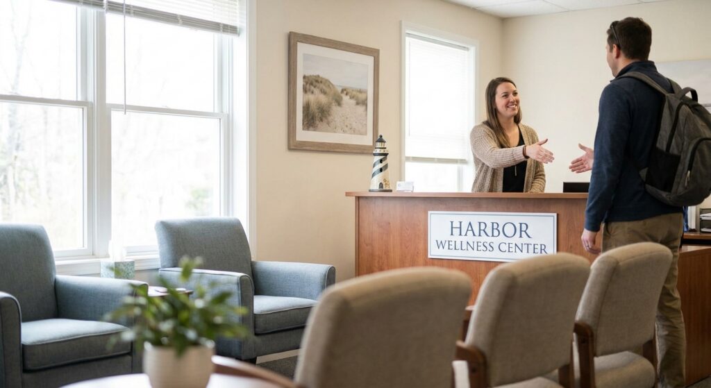 Welcoming reception area at ReThink MH mental health clinic in Neptune City, New Jersey, showing staff member greeting a client in a calm, naturally-lit space