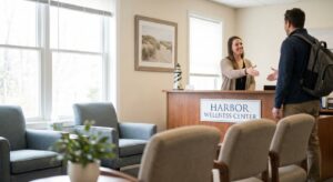 Welcoming reception area at ReThink MH mental health clinic in Neptune City, New Jersey, showing staff member greeting a client in a calm, naturally-lit space