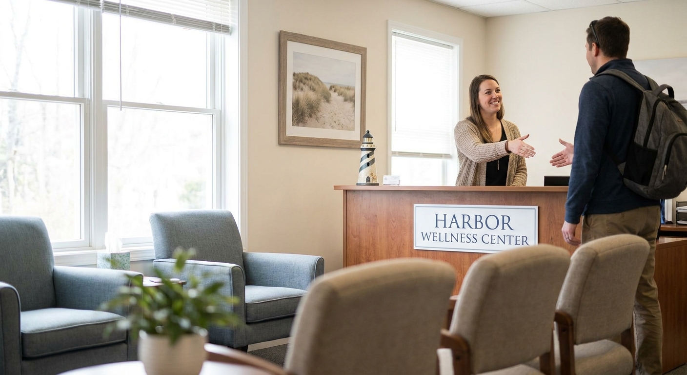 Welcoming reception area at ReThink MH mental health clinic in Neptune City, New Jersey, showing staff member greeting a client in a calm, naturally-lit space