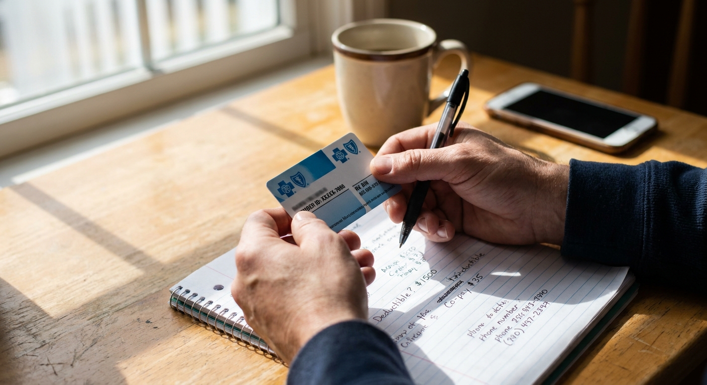 Person's hands holding insurance card and pen at kitchen table while reviewing mental health treatment costs and taking notes