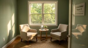 Empty therapy consultation room with two chairs facing each other near a window, conveying a calm and welcoming space for mental health treatment