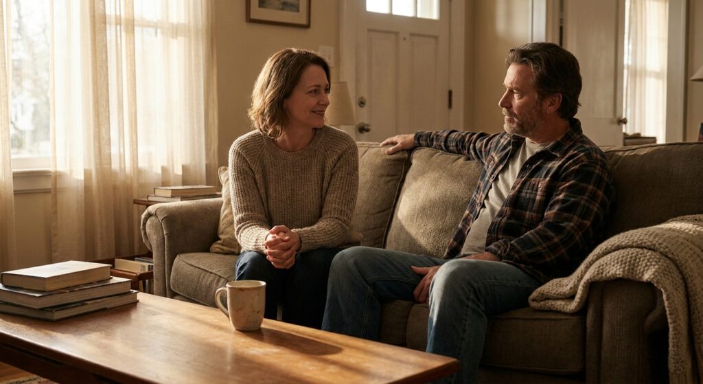 Two people sitting together on a couch in natural afternoon light, having a thoughtful conversation in a comfortable living room setting