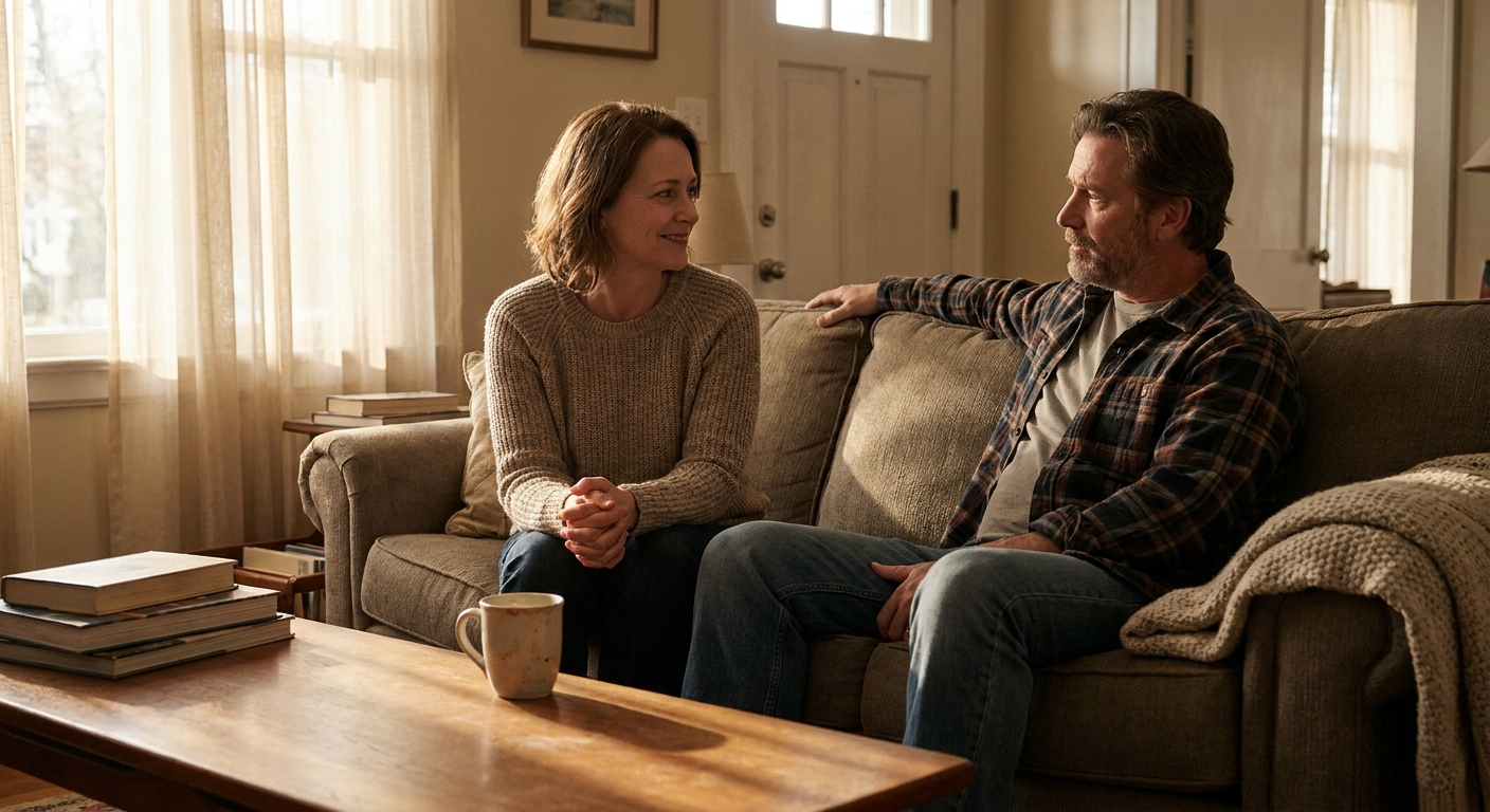 Two people sitting together on a couch in natural afternoon light, having a thoughtful conversation in a comfortable living room setting