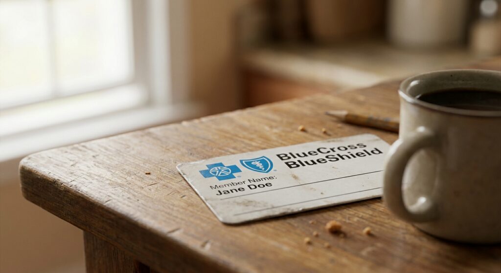 Blue Cross Blue Shield insurance card on kitchen table with coffee mug, representing the moment someone reviews their mental health therapy coverage in New Jersey