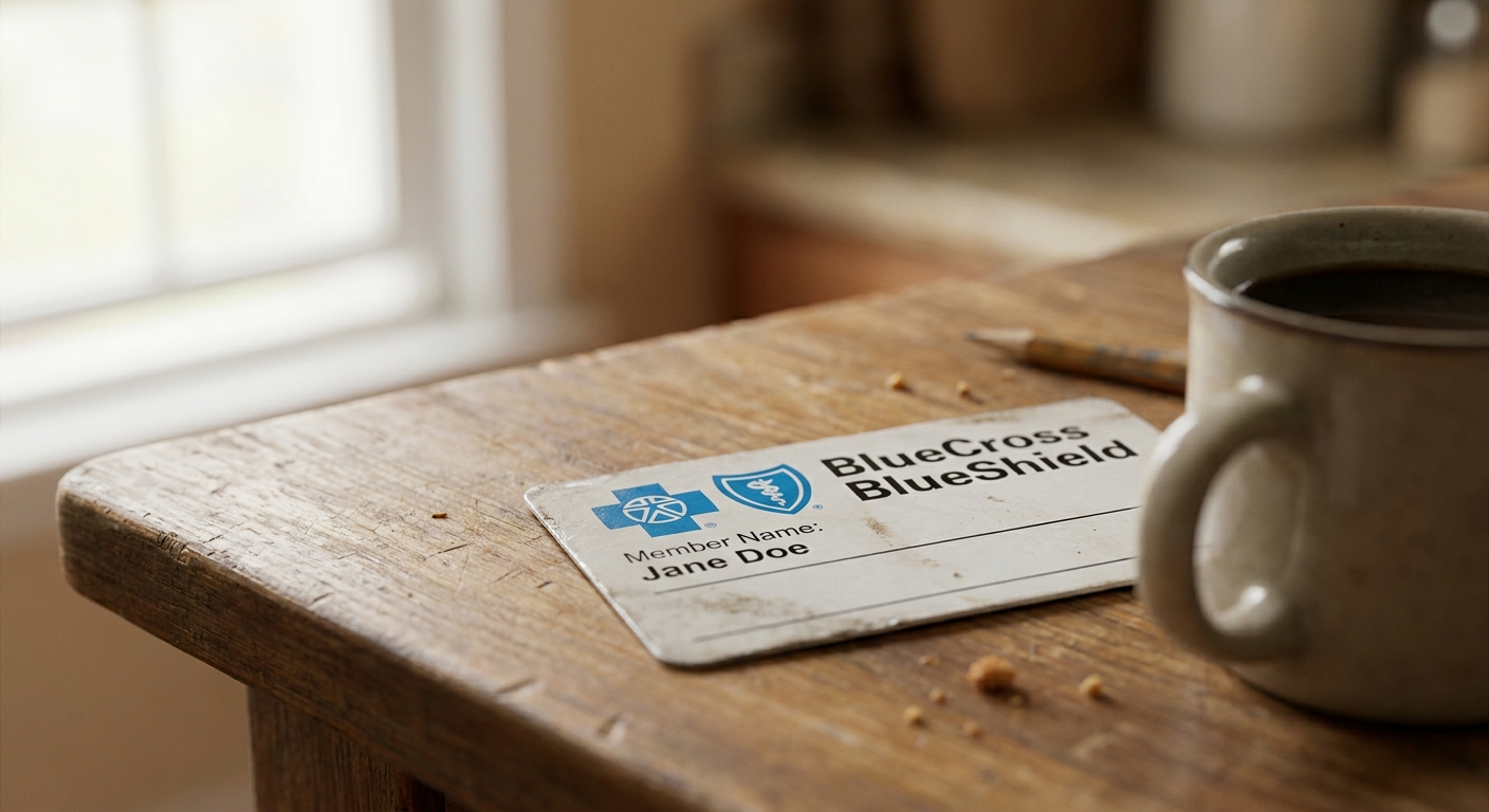 Blue Cross Blue Shield insurance card on kitchen table with coffee mug, representing the moment someone reviews their mental health therapy coverage in New Jersey