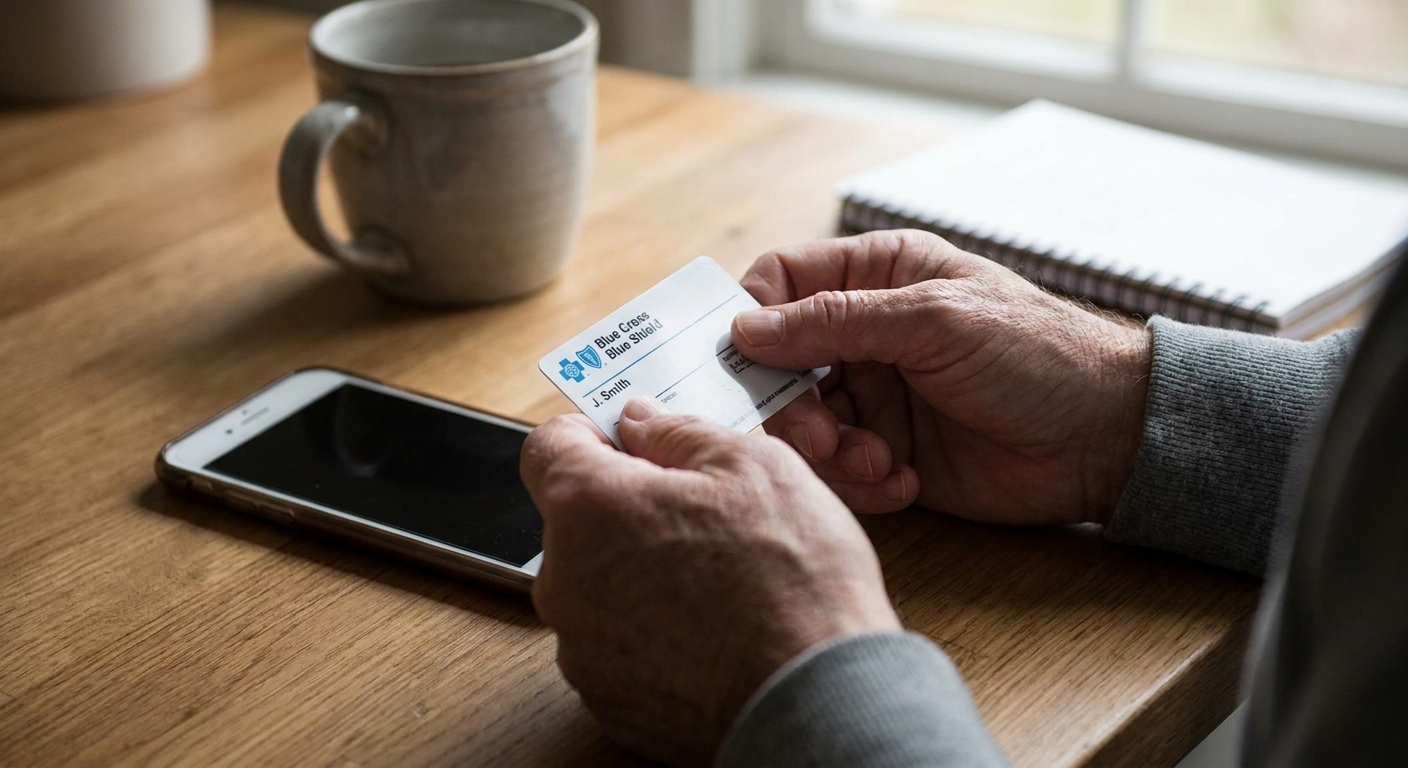 Person holding health insurance card at kitchen table with phone, preparing to verify mental health treatment benefits