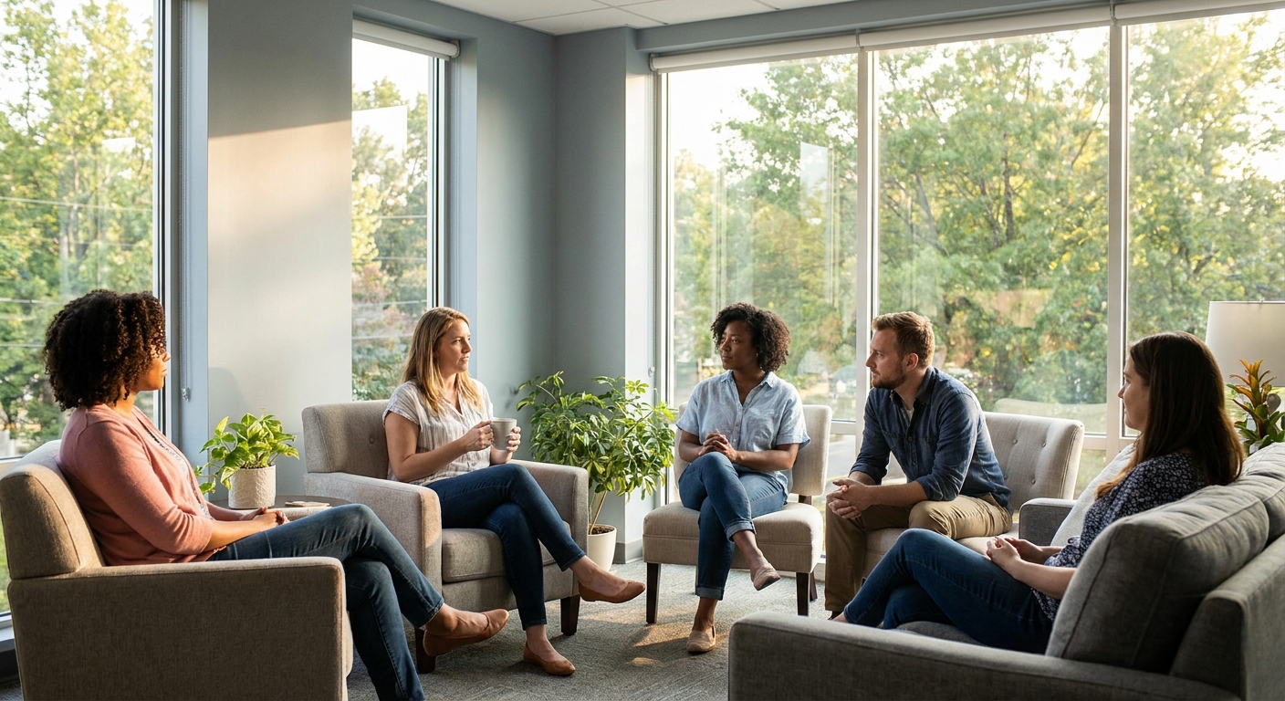 Small therapy group session in a bright, comfortable counseling room with natural light and soft blue-gray walls in Wall Township, New Jersey