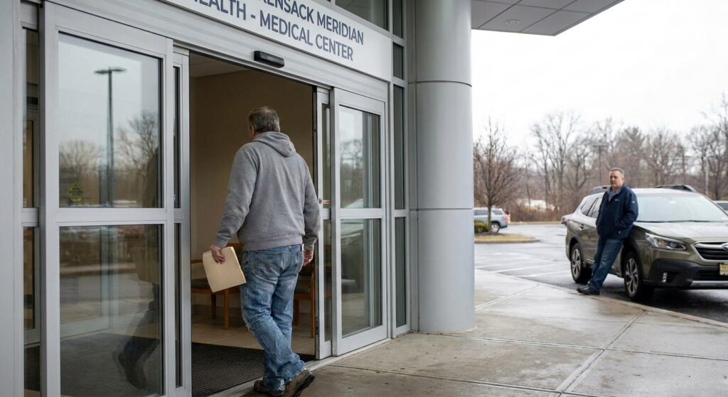 Person leaving hospital with discharge papers while family member waits by car, depicting the transition from inpatient psychiatric care to outpatient treatment