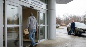 Person leaving hospital with discharge papers while family member waits by car, depicting the transition from inpatient psychiatric care to outpatient treatment