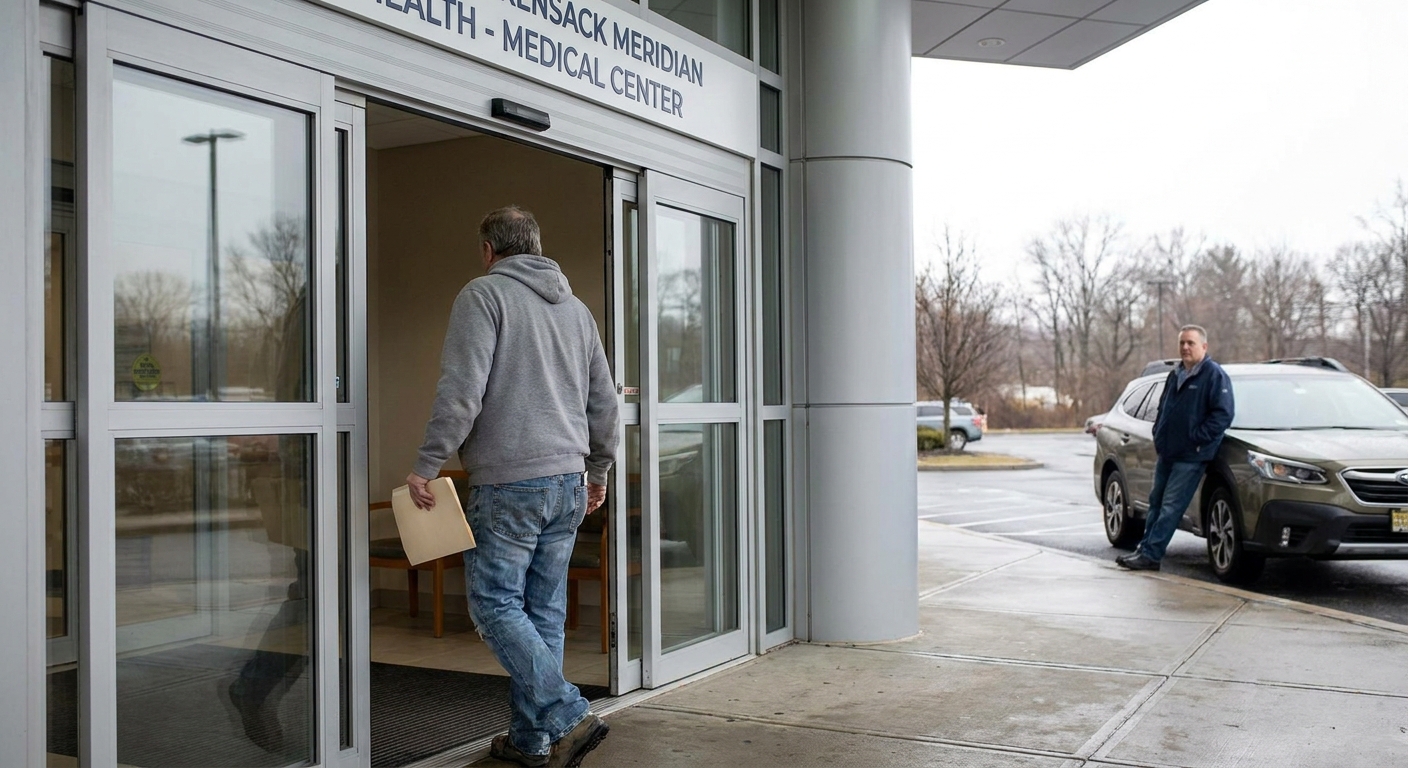 Person leaving hospital with discharge papers while family member waits by car, depicting the transition from inpatient psychiatric care to outpatient treatment