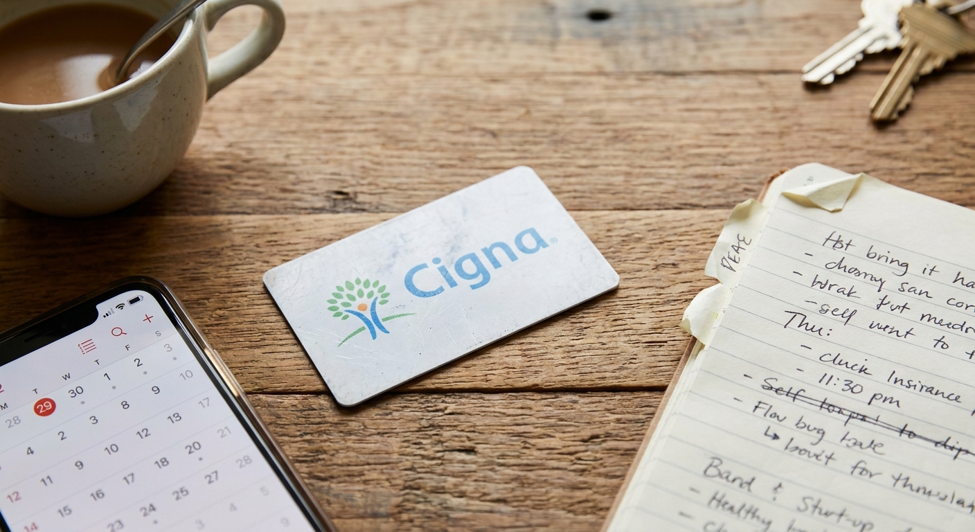 Cigna insurance card on kitchen table with phone and notepad, representing the moment of verifying mental health benefits