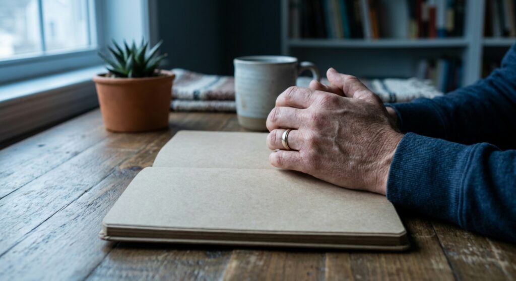Therapist's hands resting on blank notebook during counseling session with soft natural light, conveying listening and patience