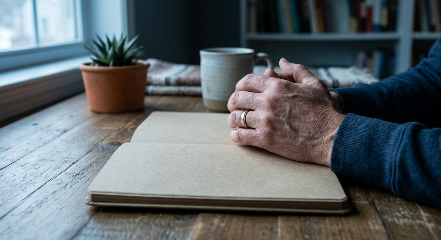 Therapist's hands resting on blank notebook during counseling session with soft natural light, conveying listening and patience