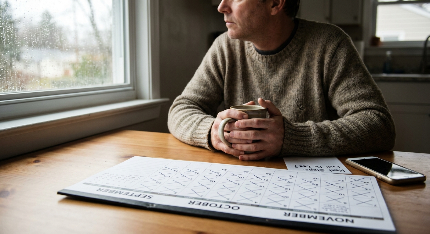 Parent sitting at kitchen table with calendar and coffee, contemplating mental health treatment decisions in morning light