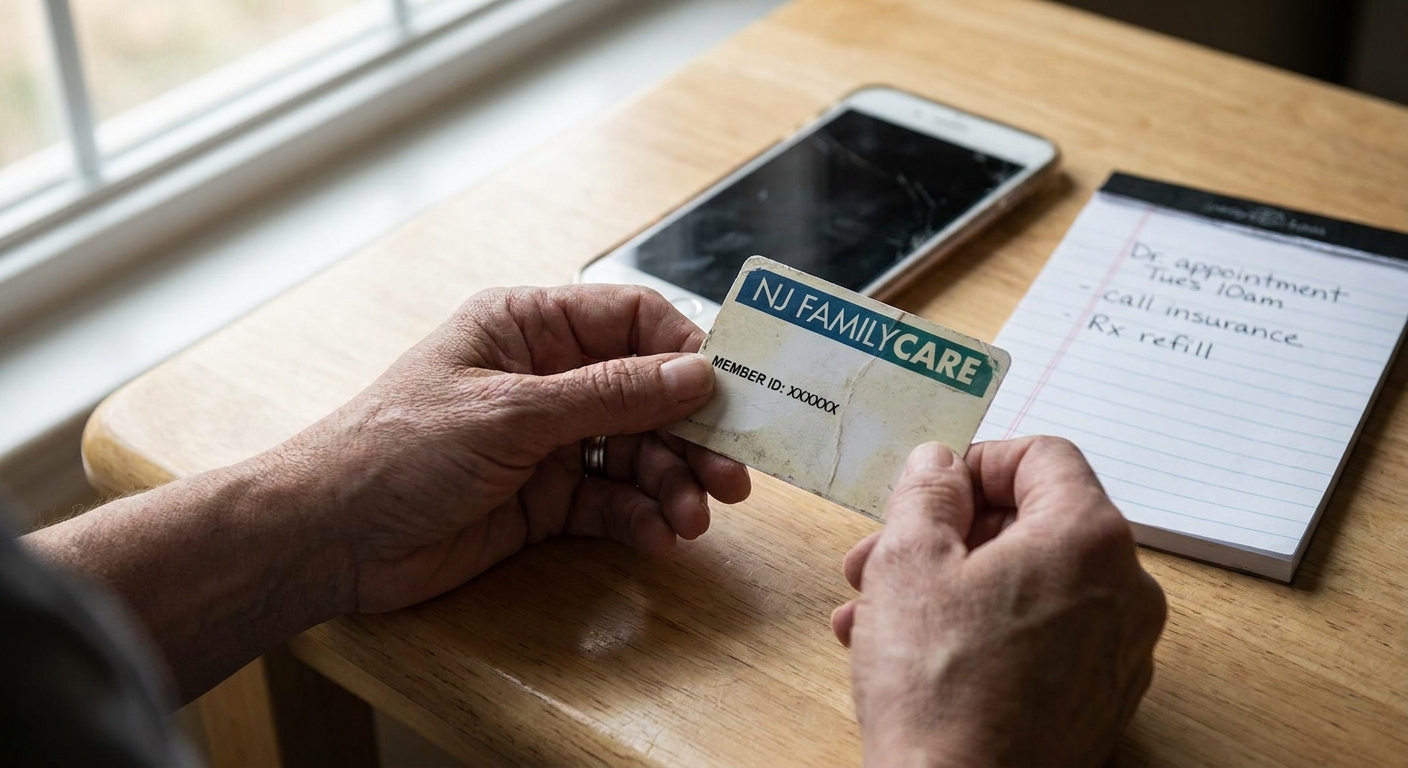 Parent reviewing health insurance card at kitchen table with notepad and phone nearby